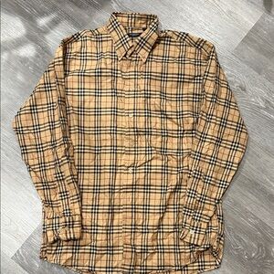 Burberry Men’s Dark Beige and Black Checkered Shirt, Medium